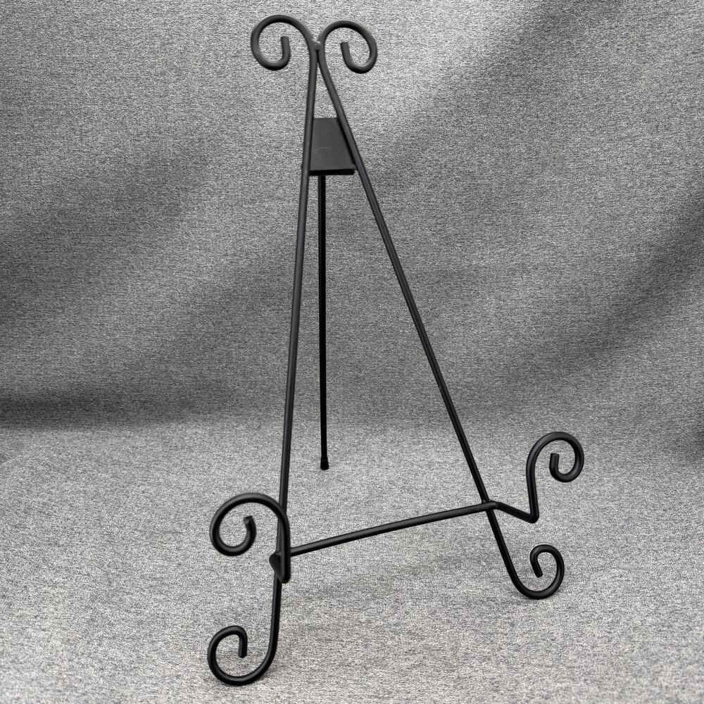Black Wrought Iron Tabletop Display Easel Stand Scroll Plate Picture 14" Tall